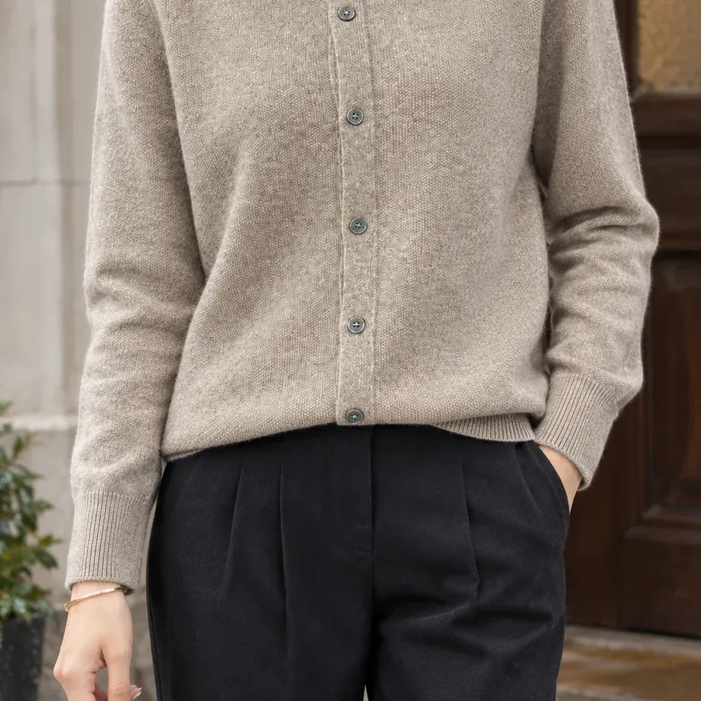 Aster Button Cardigan — Taupe lower garment detail