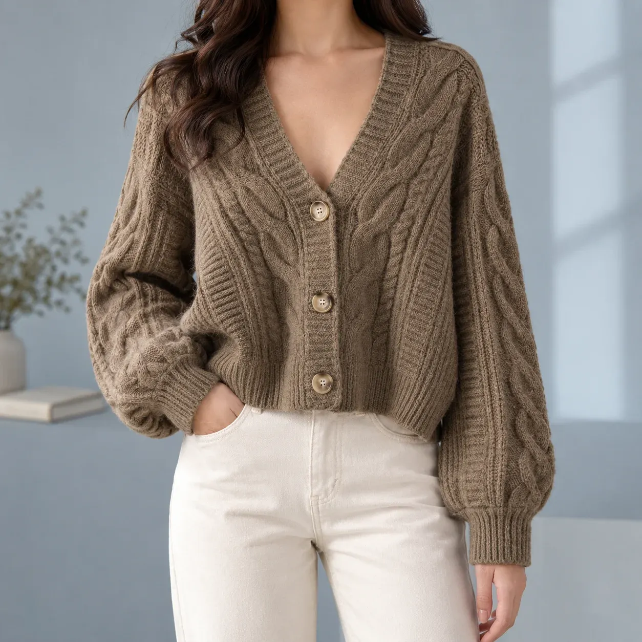 Morwenna Cable Cardigan — Khaki worn view