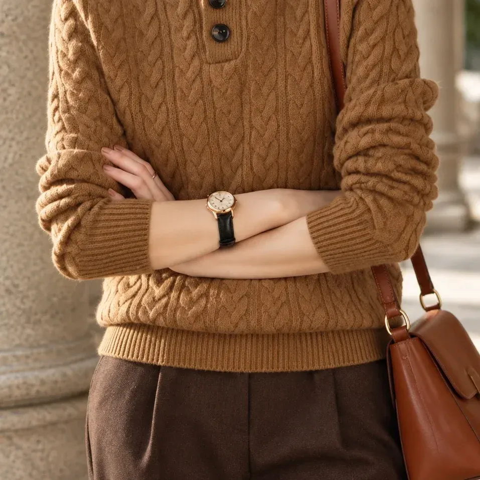 Brigitta Cable Sweater — Dark Camel lower garment detail