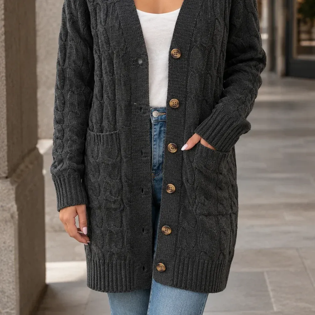 Keira Cable Cardigan — Black lower garment detail