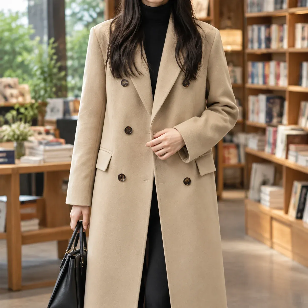 Guinevere Lapel Overcoat — Beige worn view