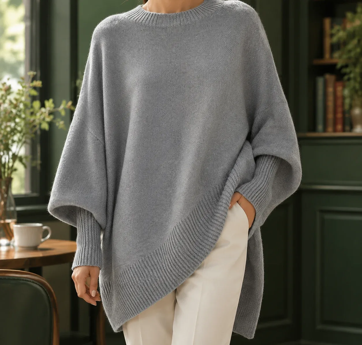 Audrina Draped Sweater — Light Gray worn view