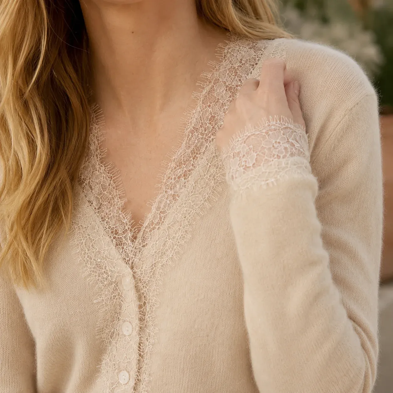 Zelda Lace Cardigan — Khaki construction detail
