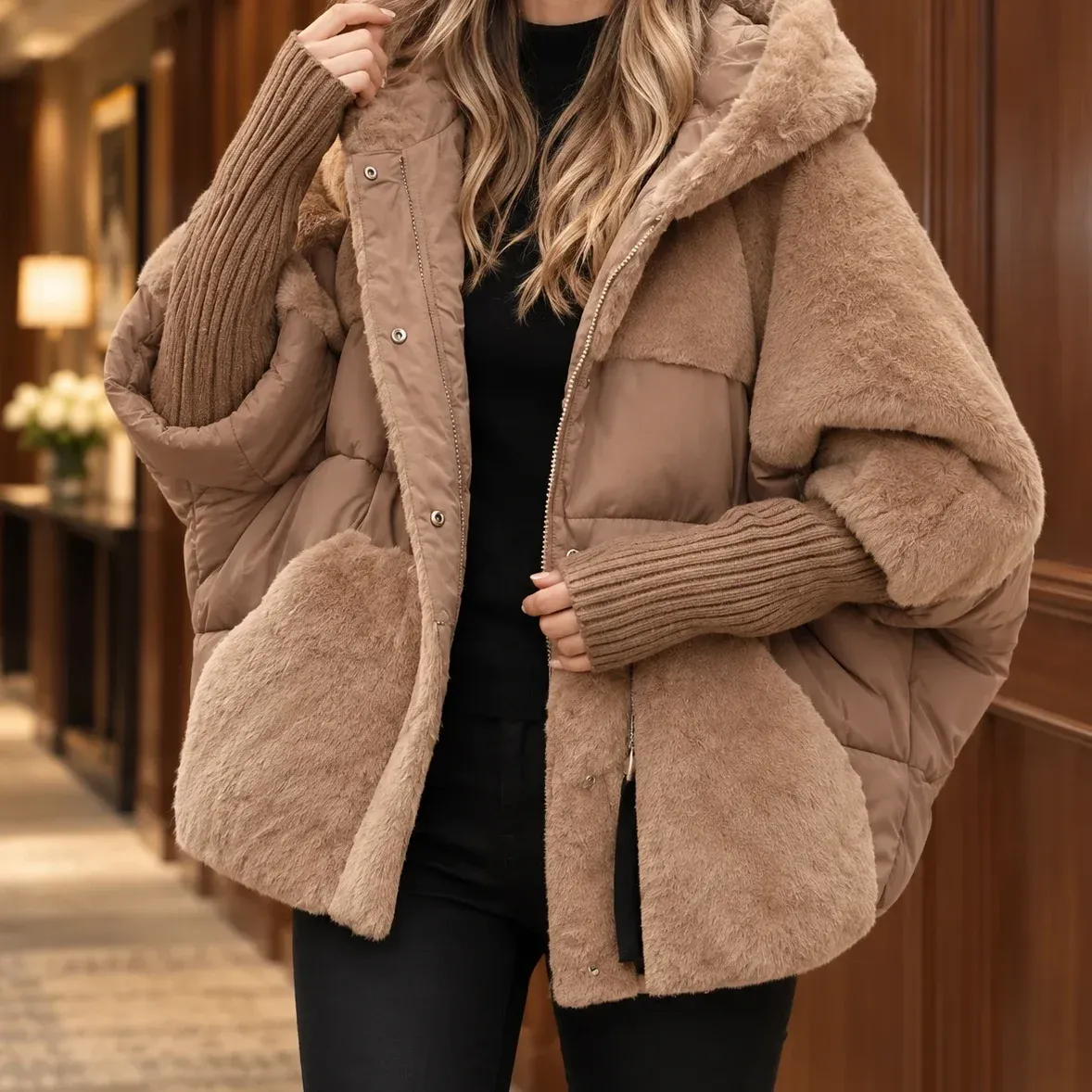 Ilaria Hybrid Jacket — Light Brown cropped fit view