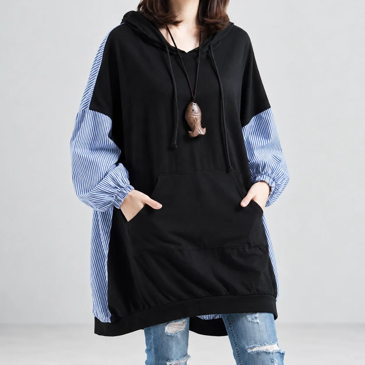 Nell Striped Hooded Tunic, front worn fit