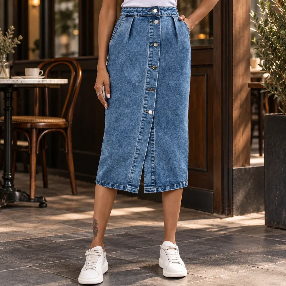Rosaline Denim Midi Skirt — Worn in context