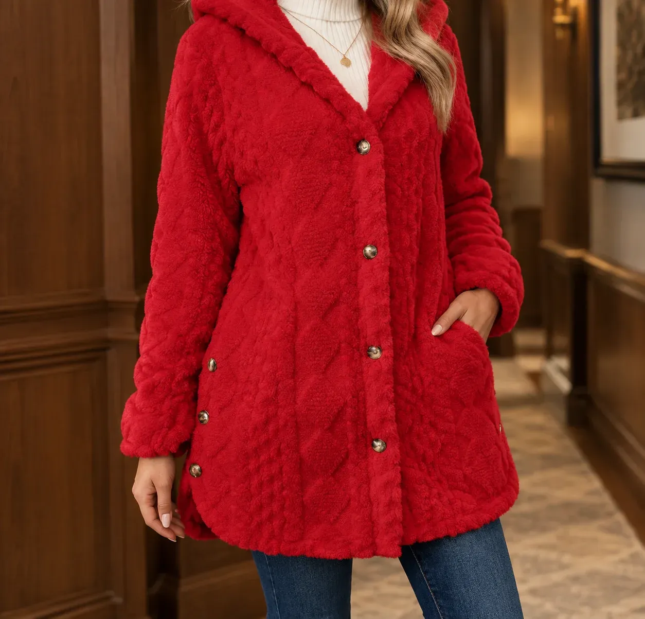 Livia Textured Jacket — Red worn view