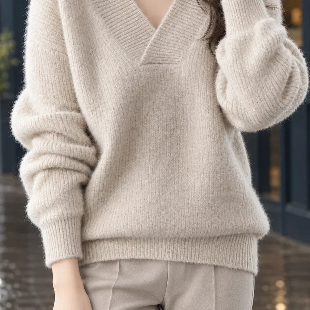 Joelle Wide-V Sweater — Creamy-white lower garment detail