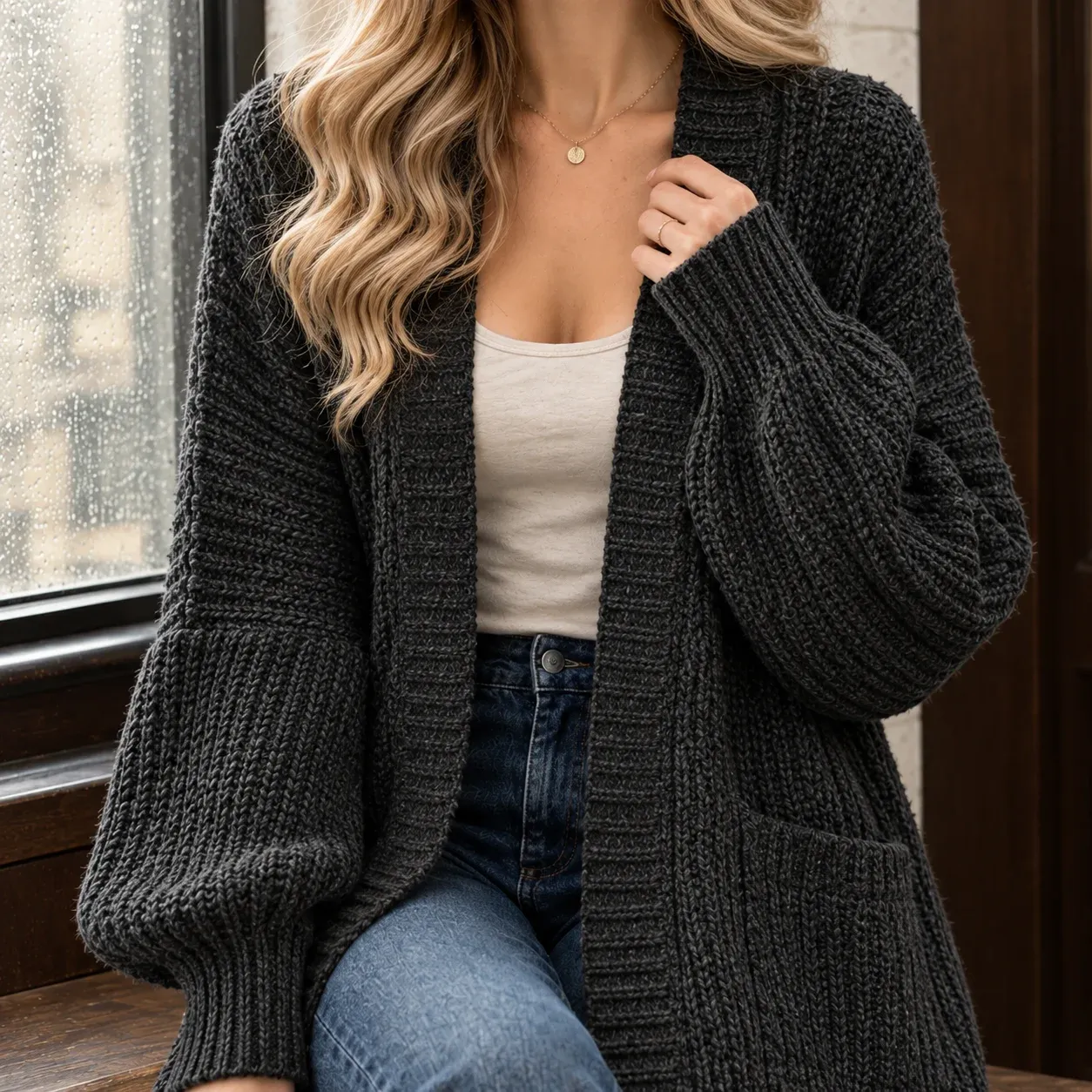 Constance Chunky Cardigan — Black construction detail