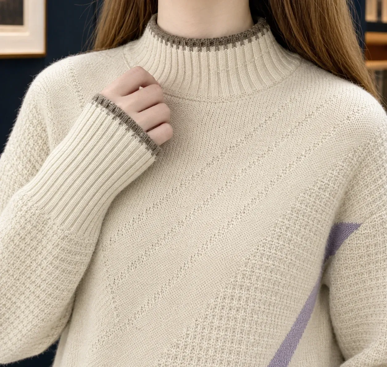 Sienna Diagonal Knit Sweater — Beige construction detail
