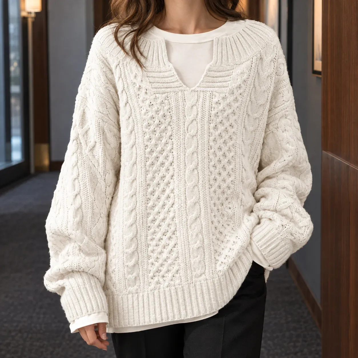 Fernanda Cable Sweater — White worn view