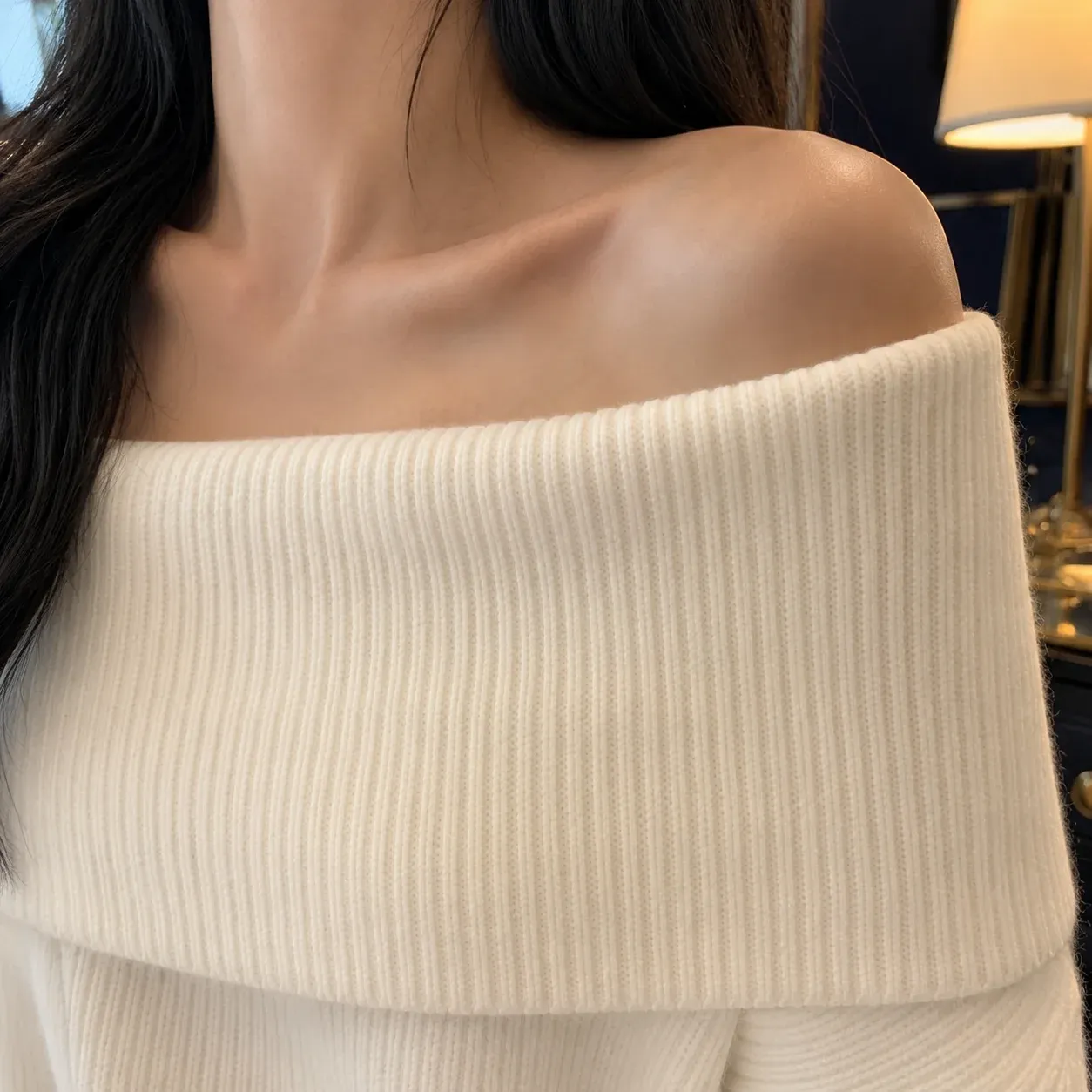 Aubrey Bardot Sweater — White construction detail