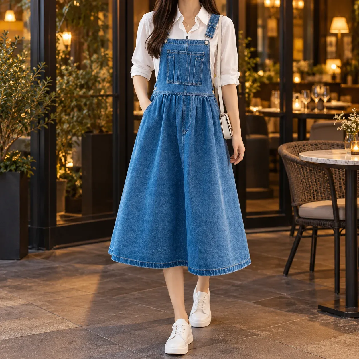 Elise Denim Pinafore Dress — full garment worn in context