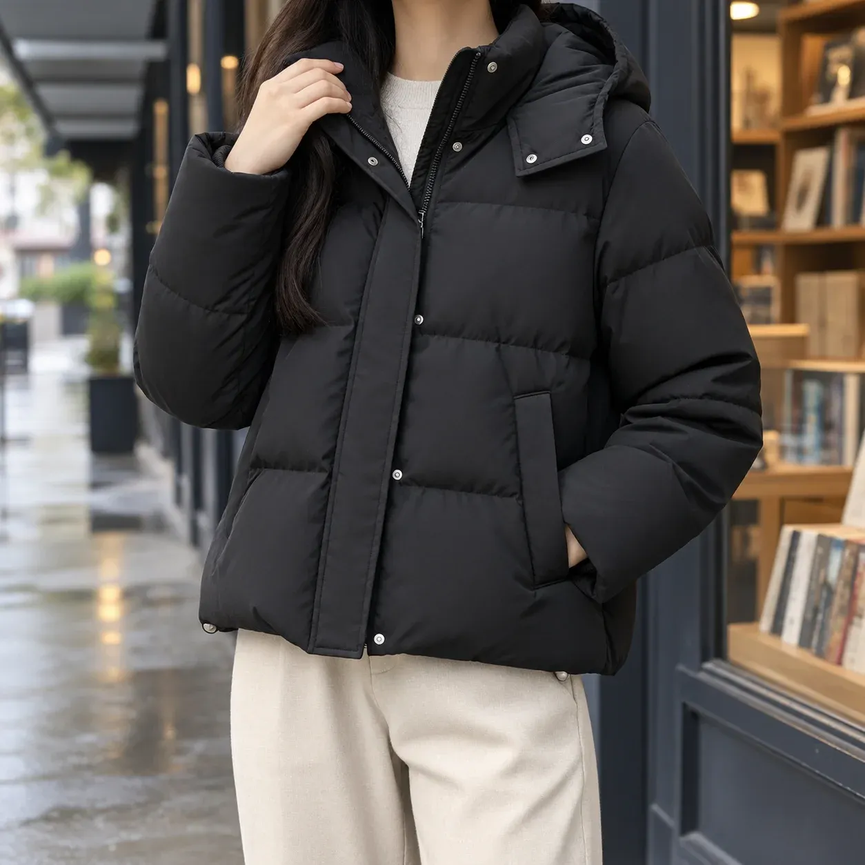 Eliza Hooded Jacket — Classic Black worn view