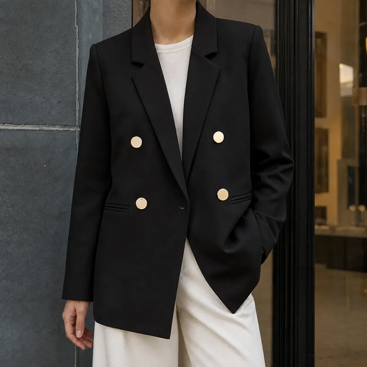 Gabrielle Double Blazer — Black worn view