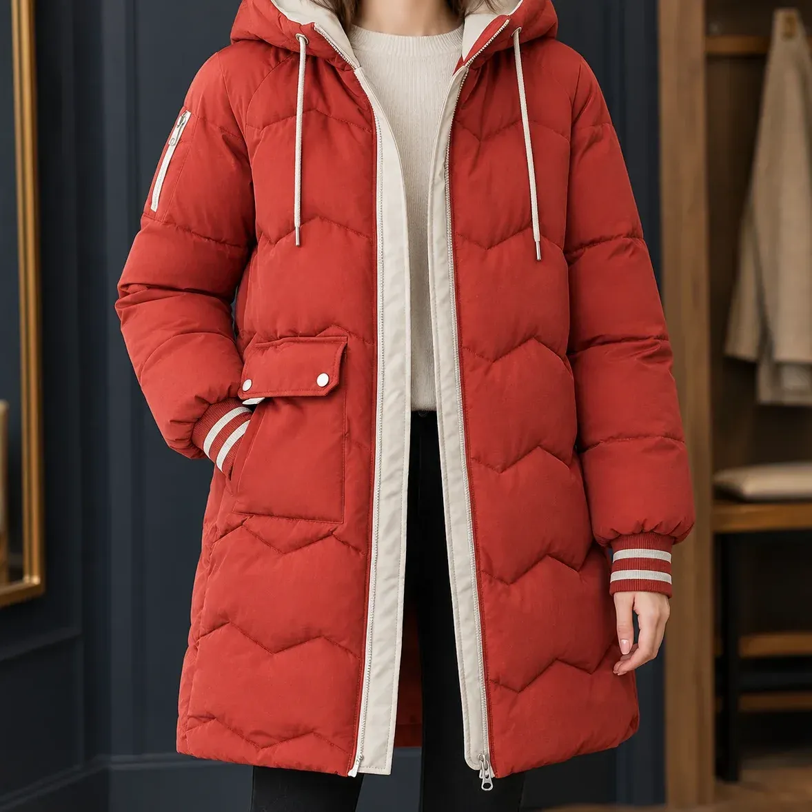 Mariella Hooded Coat — Red cropped fit view