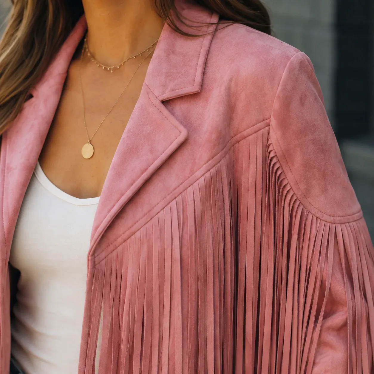 Giselle Fringe Jacket — Pink construction detail