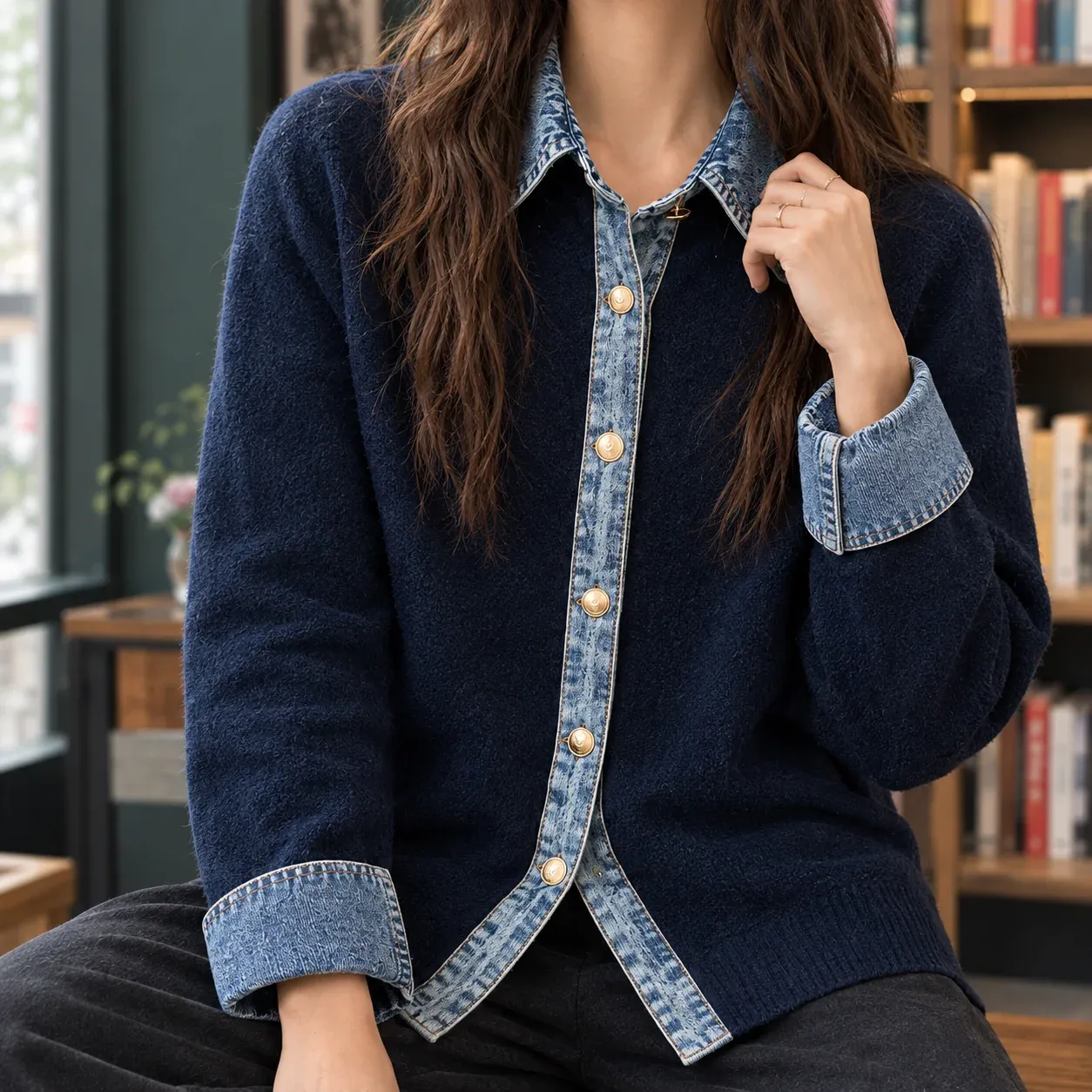 Azalea Trim Cardigan — Navy Blue construction detail
