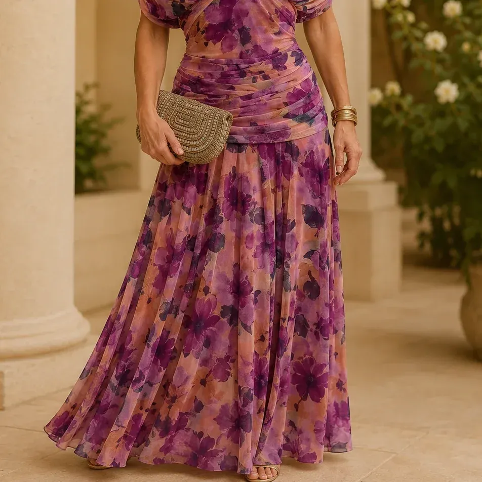 Ada Draped Maxi Dress — Purple lower garment detail